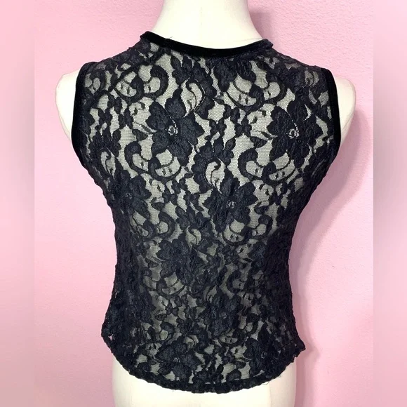 VTG Y2k Black Velvet & Lace Tank Top - S - Picture 2 of 6